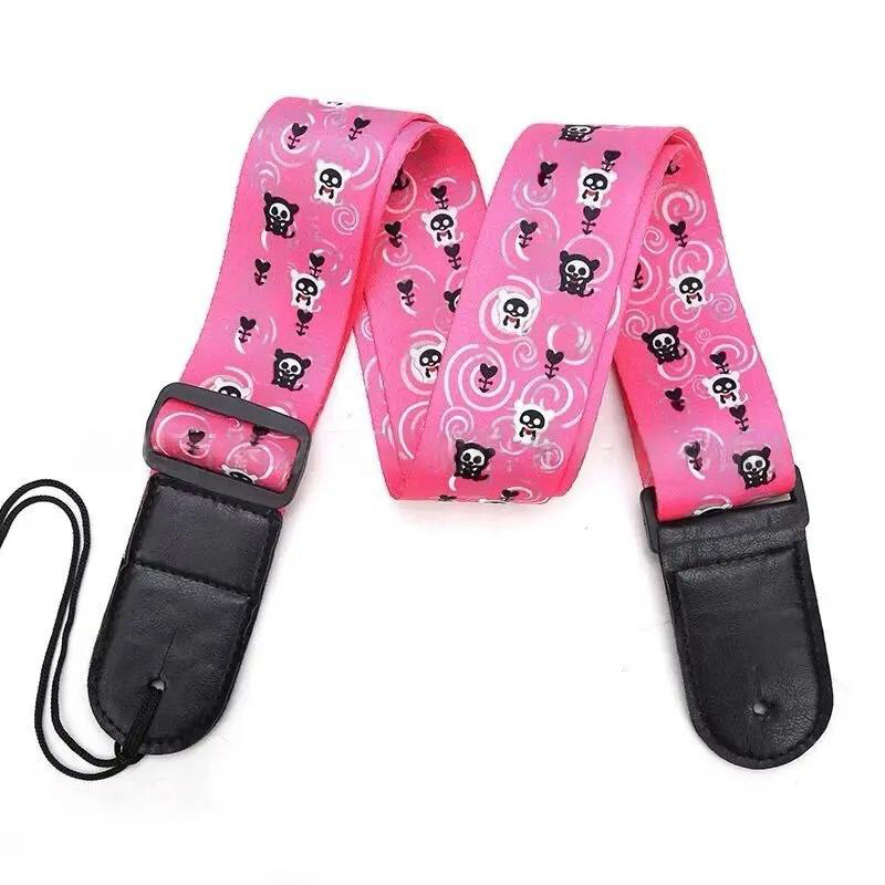 Correa de Guitarra con Cabeza de Calavera Rosa, Calavera y Gato