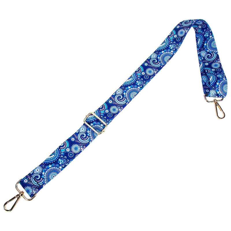 Vista completa de la correa de banjo azul con motivo floral vintage de Paisley