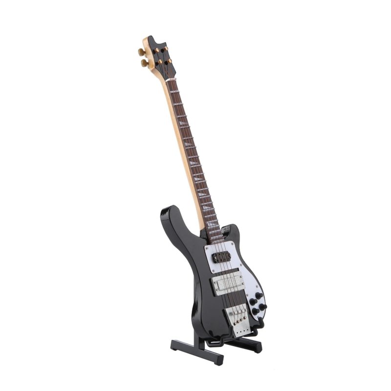 Vista lateral de la miniatura de una guitarra eléctrica baja con soporte para guitarra de color negro
