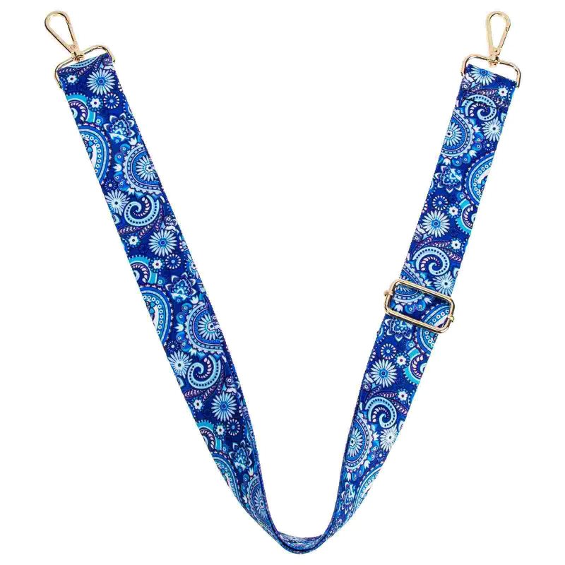 Vista detallada de la correa de banjo azul con diseño floral vintage de Paisley