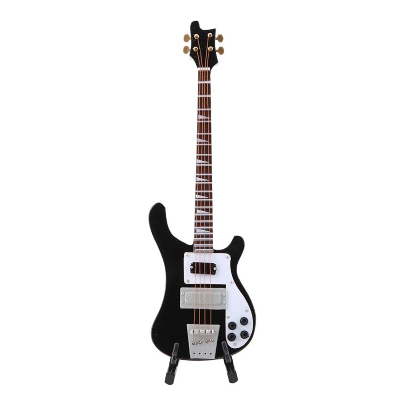 Vista frontal de una miniatura de guitarra eléctrica baja con soporte de guitarra de color negro