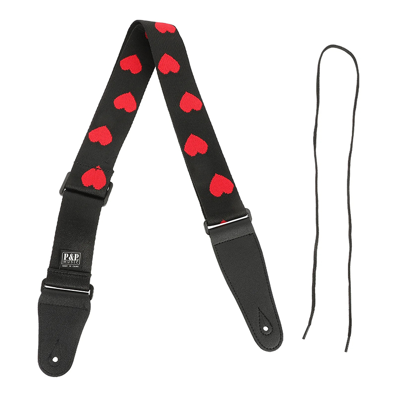 Magnífica correa de guitarra bordada con corazones rojos ardientes