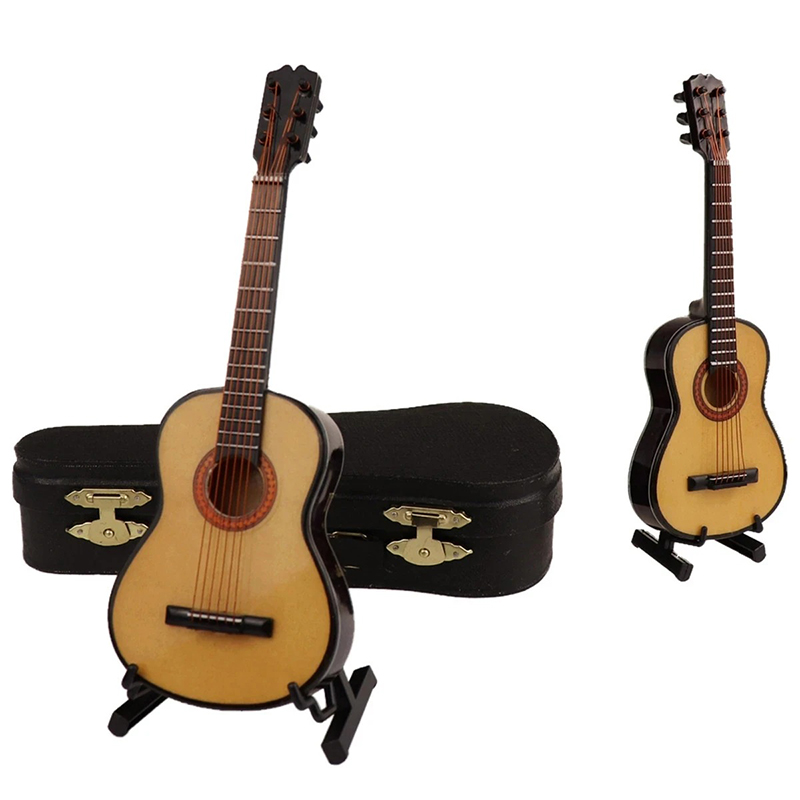 Vista completa de la guitarra acústica miniatura con estuche y soporte para guitarra - 3 tamaños - ¡5 colores!