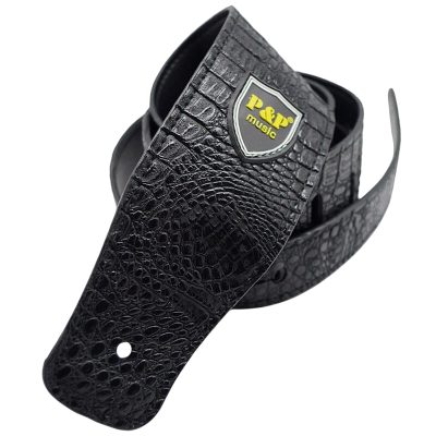 Correa de guitarra de cuero PU Prestige de color negro con diseño de cocodrilo