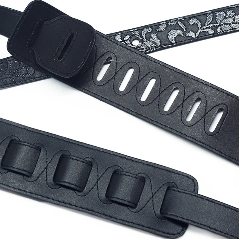 Detalles de la correa de guitarra de cuero PU Barroco Negro 'Elegancia Floral