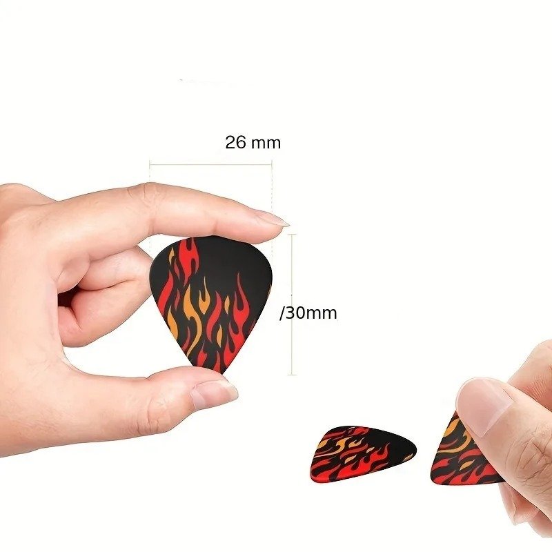 Dimensiones del lote de 6 púas de guitarra con diseño de llama brillante ardiente, incluye estuche de regalo