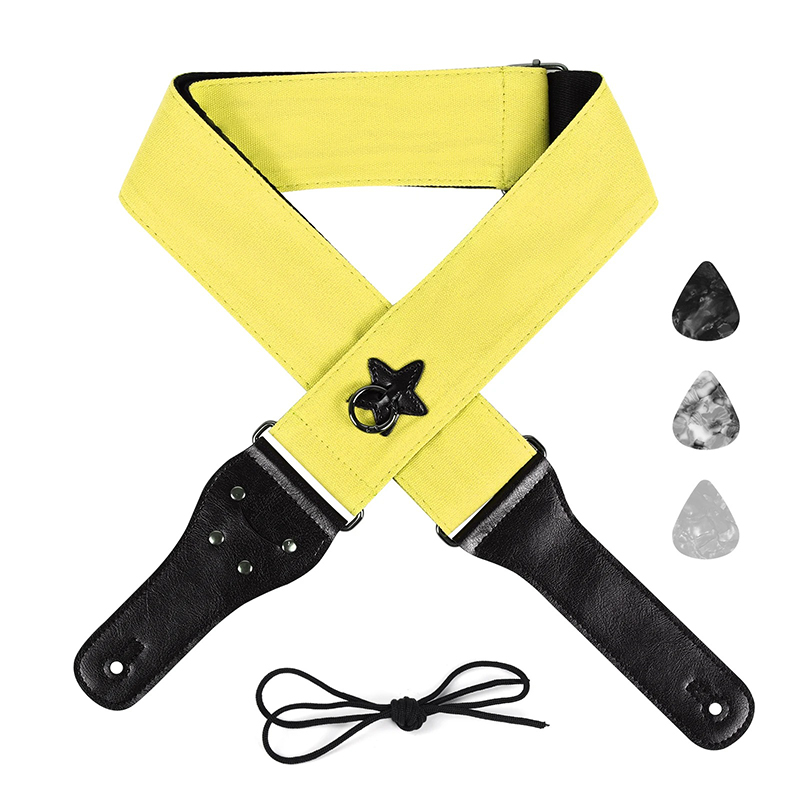 Correa de guitarra de algodón con anillo de suspensión en forma de estrella de color amarillo