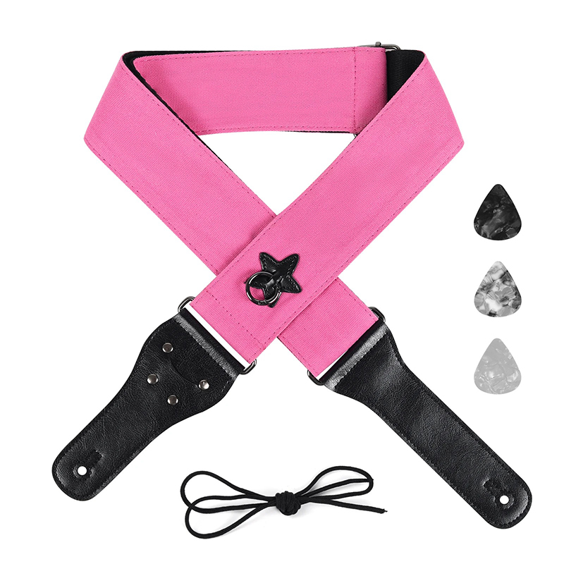 Correa de guitarra de algodón con anillo de suspensión en forma de estrella de color rosa