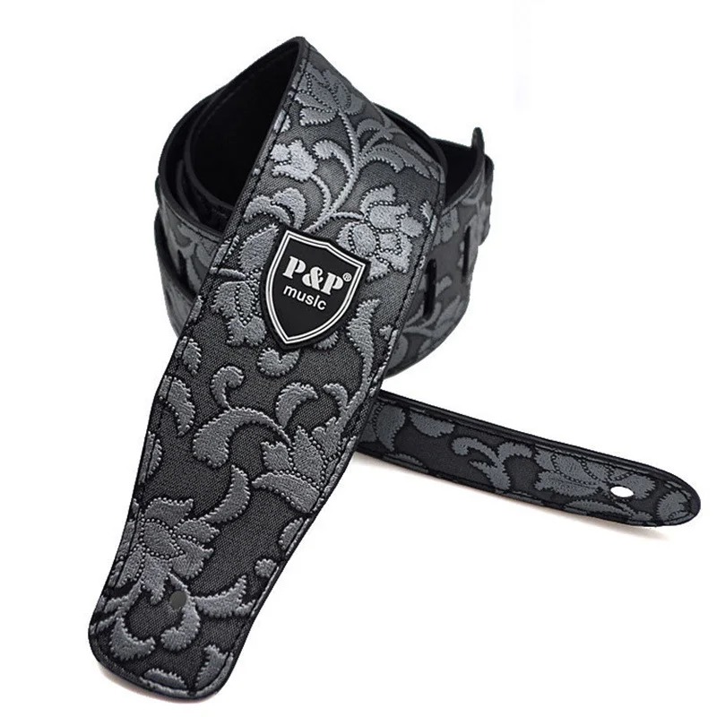 Correa de guitarra de cuero PU Barroco Negro 'Elegancia Floral