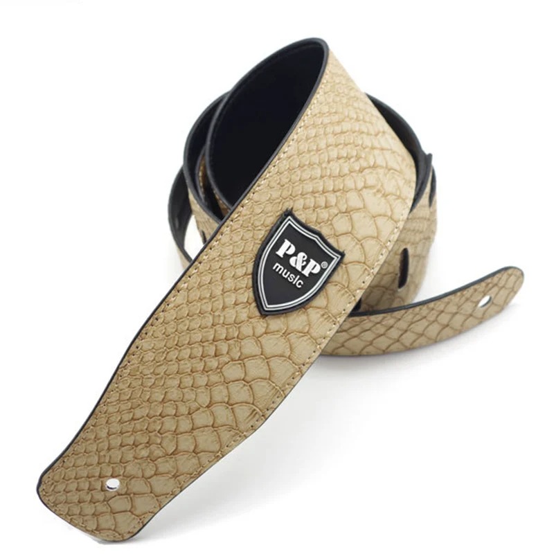 Correa de guitarra de cuero PU con estilo de reptil en un color beige clásico