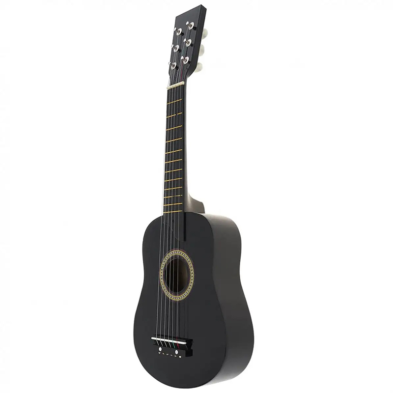 Vista lateral de una guitarra clásica para niños de madera de tilo de color negro
