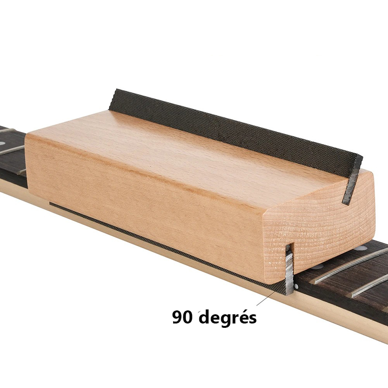 Vista detallada de la Herramienta de Luthier 2-en-1 Lima para Guitarra - Bloque de Madera con Ángulos de 35° y 90° para Pulido y Mantenimiento de Trastes
