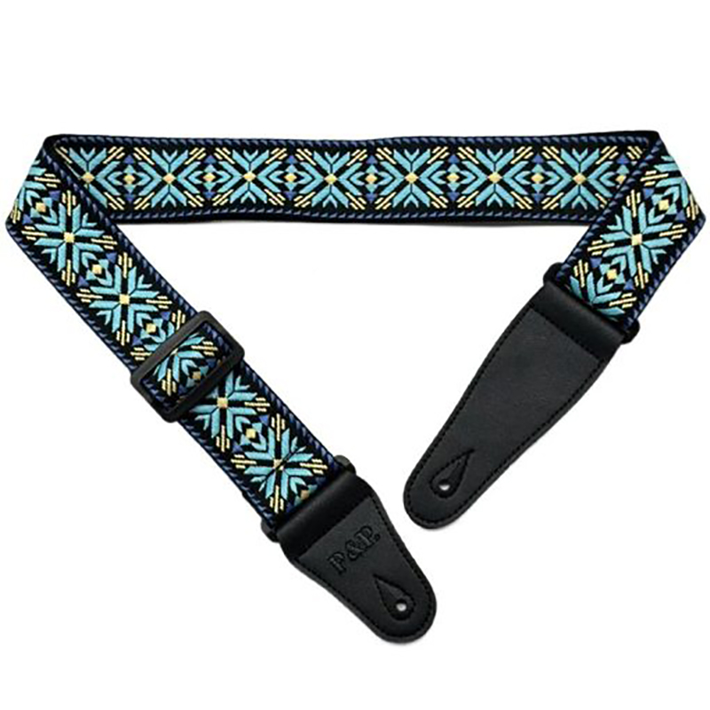 Vista general de la correa de guitarra acústica tejida Jacquard 'Flor de Lys Azul