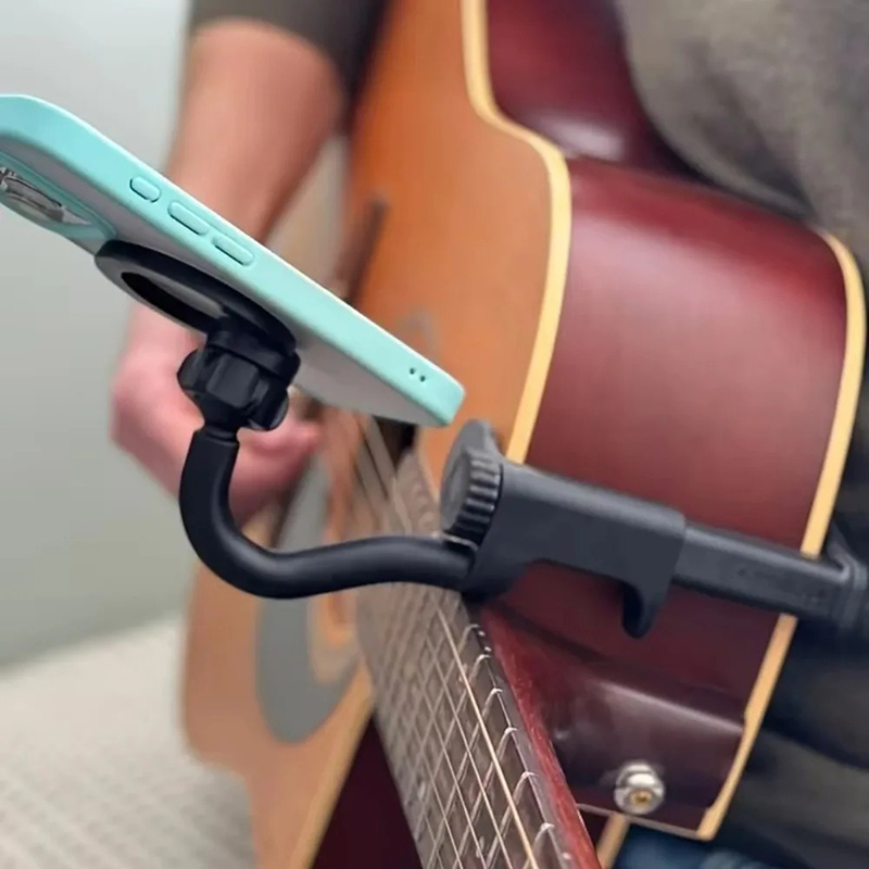 Vista general del soporte para teléfono en guitarra - Clip universal ajustable de manos libres