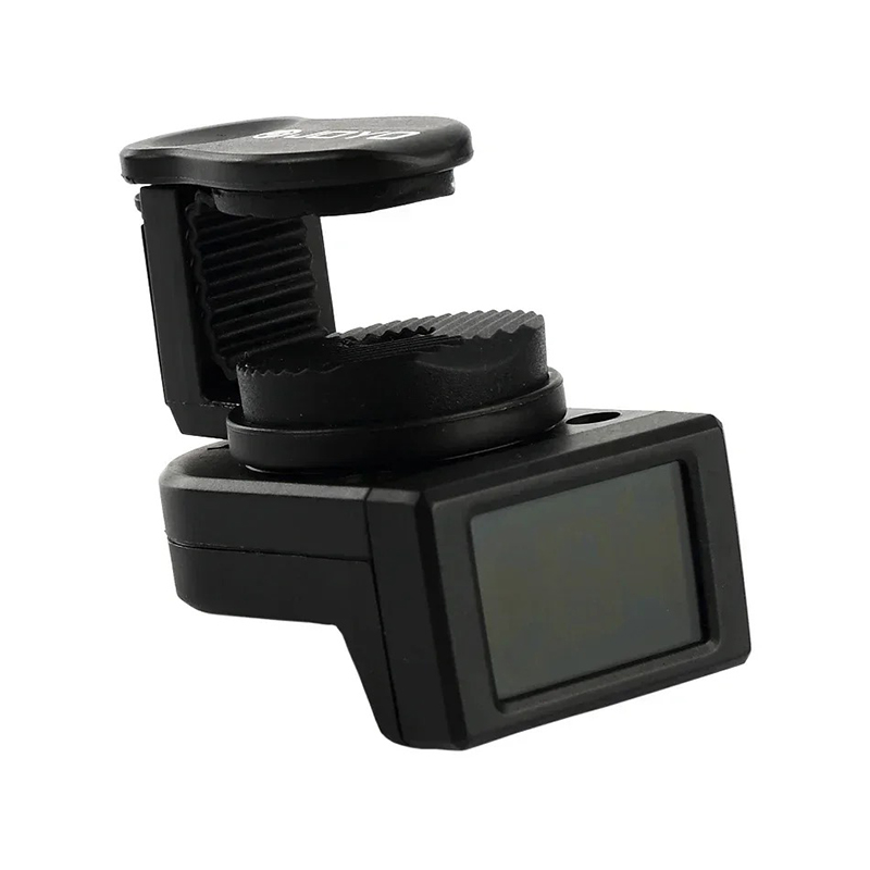 Vista lateral de afinador de guitarra digital con pantalla LCD y pinza para sujetar
