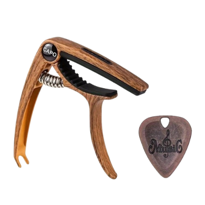Capodastro Universal para Guitarra con Extractor y Púa Grabada - Modelo de Agarre Preciso Color Madera