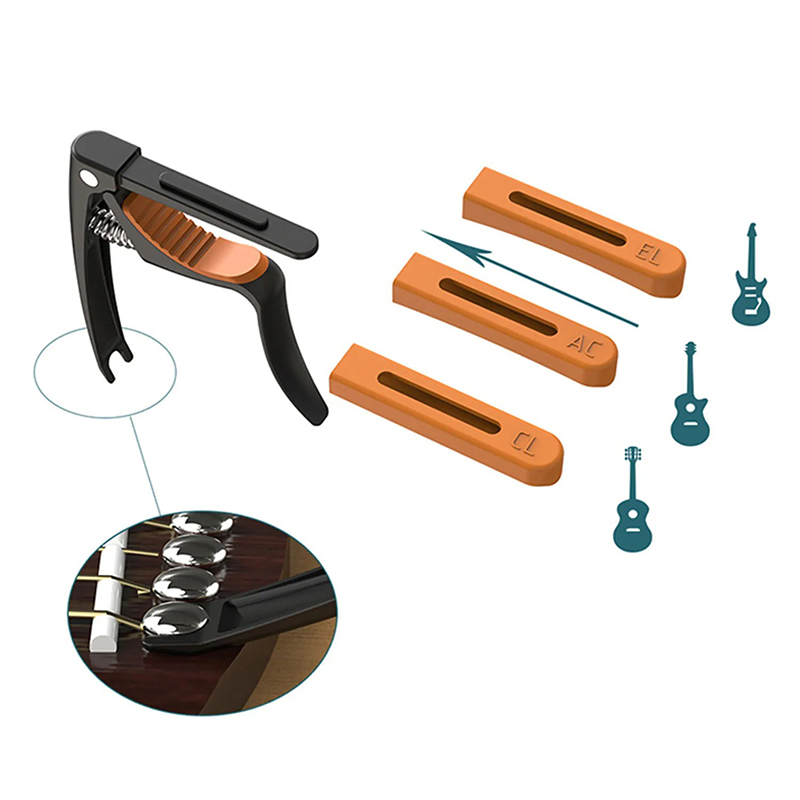Detalles de Capodastro de Guitarra Multi-Perfil - Universal 3-en-1 con Insertos