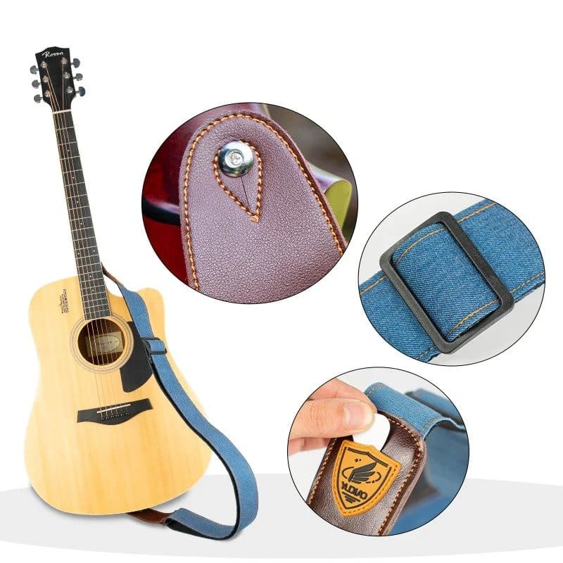 Detalles de la correa de guitarra acústica de denim azul oscuro