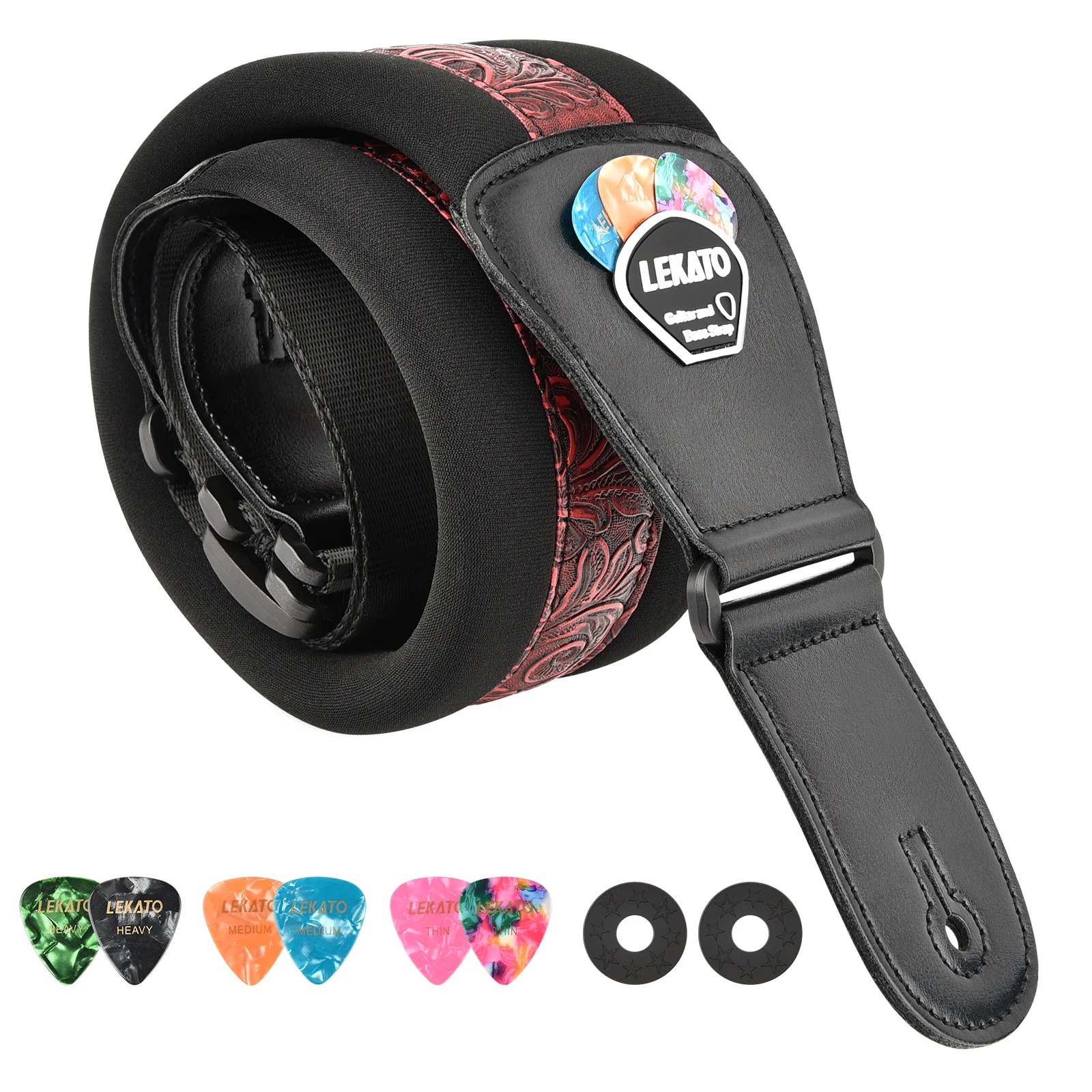 Correa de Guitarra Acolchada y Cómoda con Soporte para Puas - Modelo Barroco en Rojo Intenso