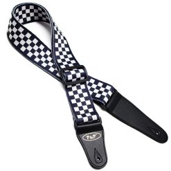 Correa de guitarra de estilo rock vintage con patrón de cuadros de ajedrez en negro y blanco.