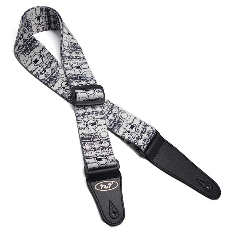 Correa de Guitarra con Tema Tribal, Ritmos Oscuros en Negro y Blanco