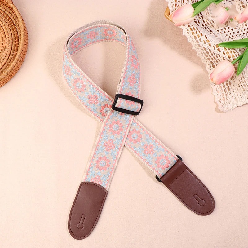 Correa de Guitarra Vintage con Flores en Tonos Pastel Azul y Rosa