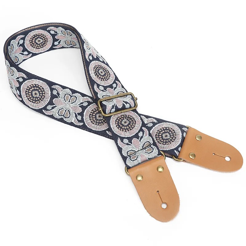 Correa de Guitarra Vintage con Flores Bohemias en Noche Índigo