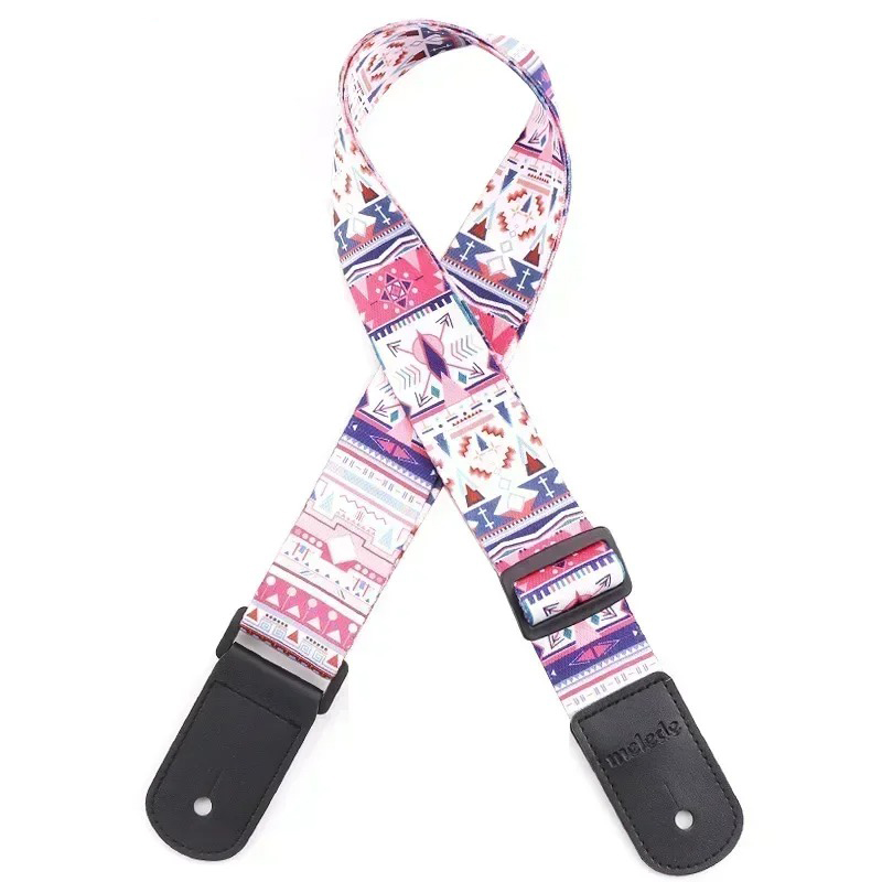 Correa de Guitarra Vintage con Motivos Étnicos Tribales en Rosa e Índigo