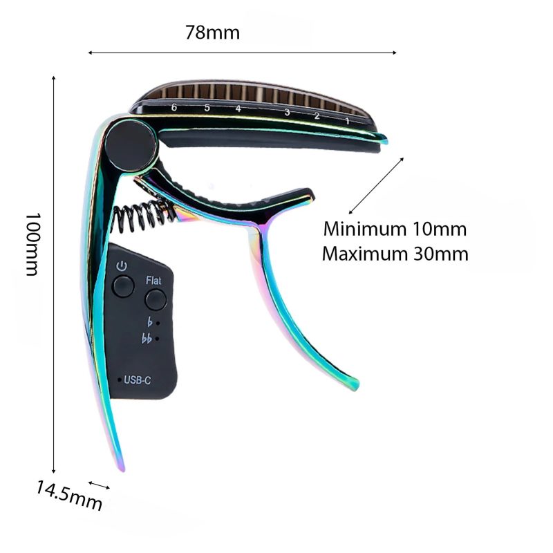 Dimensions Magnifique Détails Capodastre Guitare Intelligent 2-en-1 avec Accordeur LED Rechargeable USB-C