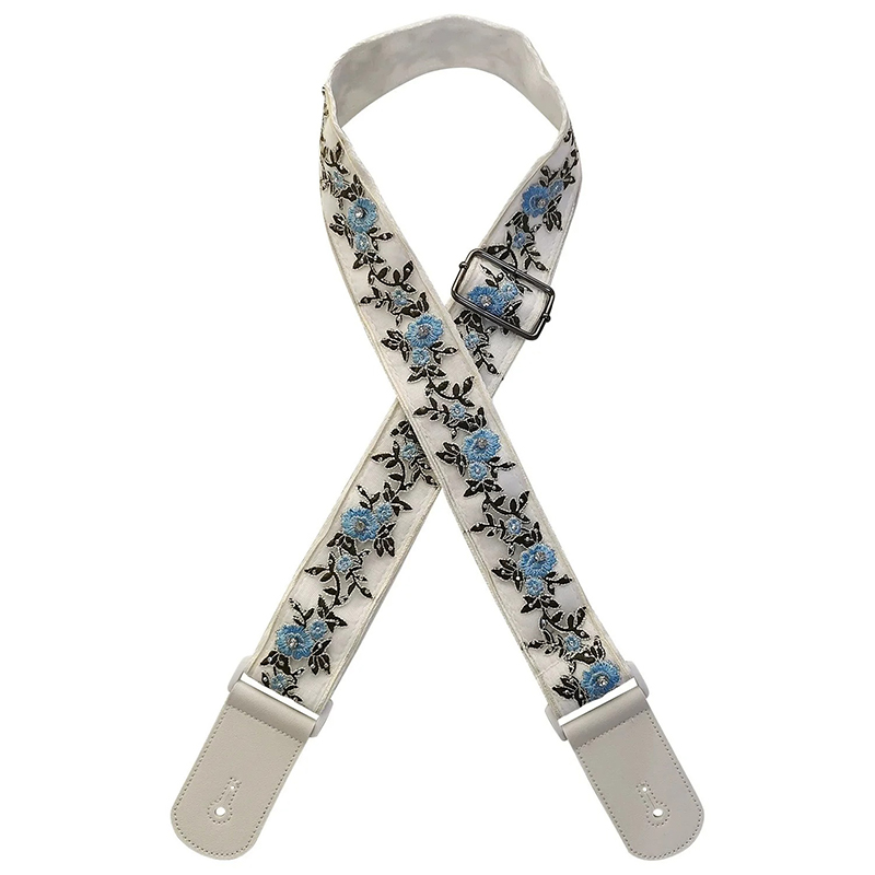 Sangle Guitare Florale - Fleurs Bleues Ivoire