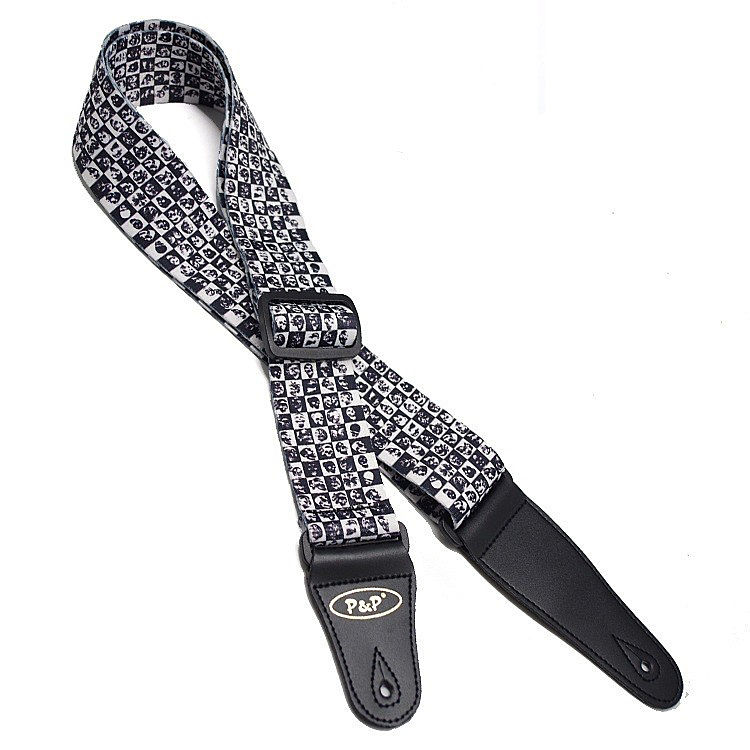 Sangle guitare électrique imprimée motifs noir et blanc avec extrémités en cuir - Petits carres