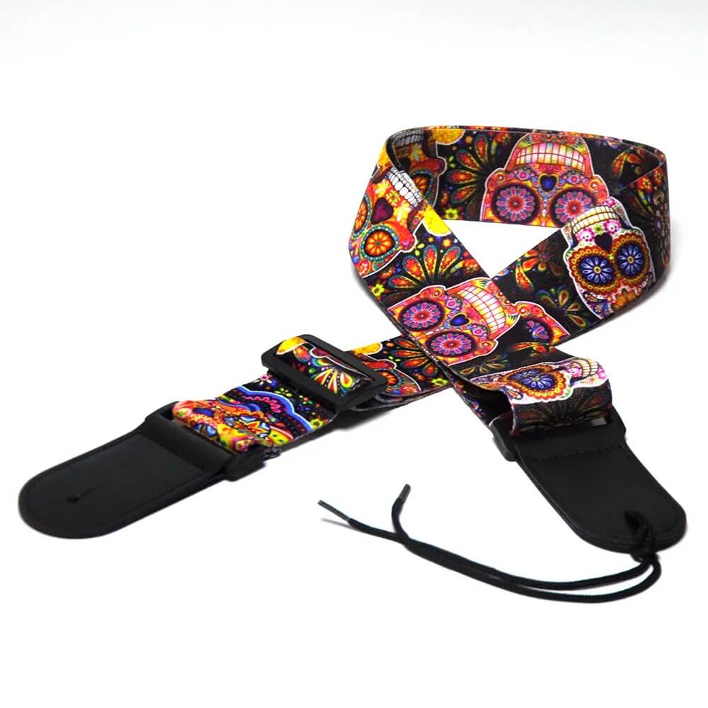 vue complète Sangle de guitare tête de mort en polyester SAnta Muerte noir et jaune