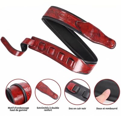 Détails de la Sangle de Guitare en Cuir Artisanale Patine Bourbon Prestige