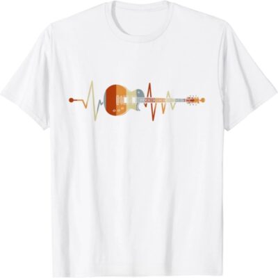 T-shirt guitare Battement Rock blanc avec motif guitare électrique rétro dans une ligne de battement de cœur