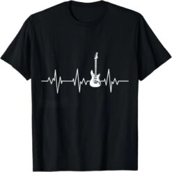 T-shirt noir Le Cœur du Guitariste, ligne de battement de cœur blanche avec une guitare électrique au centre