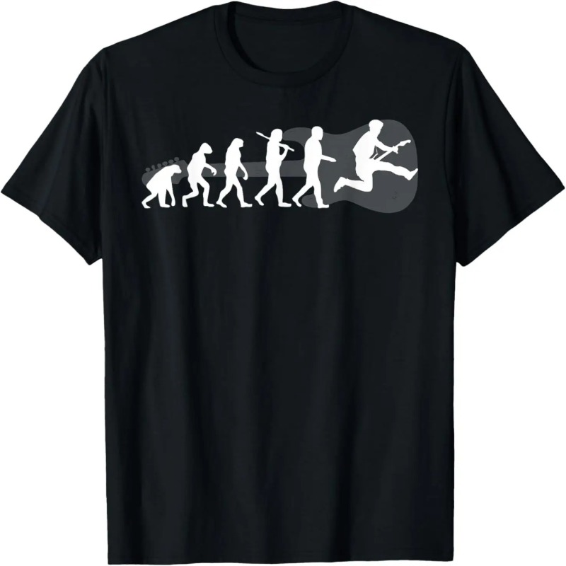 T-shirt noir L'Évolution Ultime, marche de l'évolution en silhouettes blanches se terminant par un guitariste en plein saut
